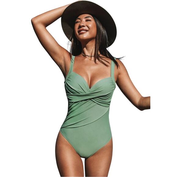 Cupshe Forest Adventure Solid Wrap Front One Piece Swimsuit Sage Green Medium - Picture 2 of 7